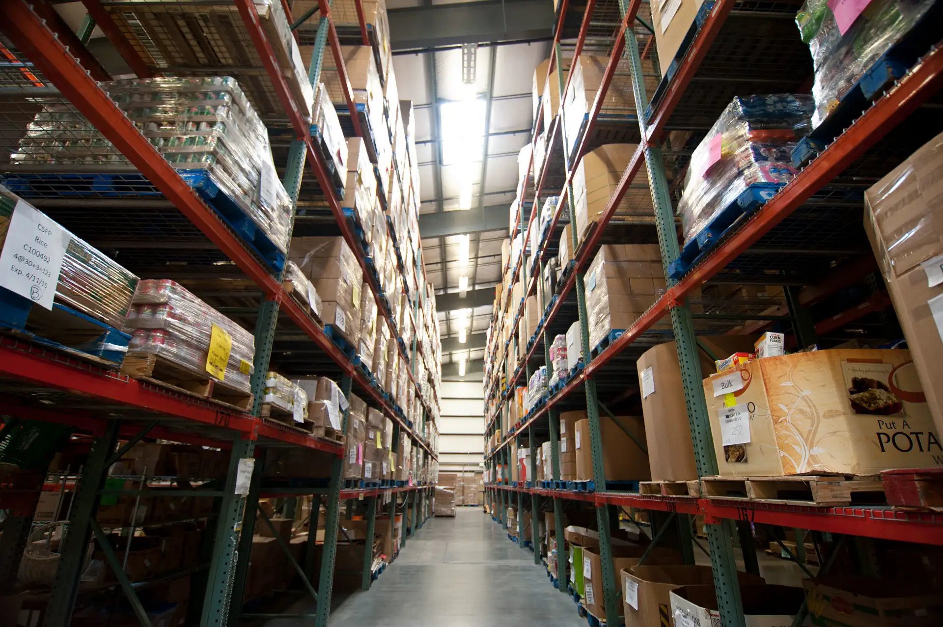 View down an aisle of a large distribution center
